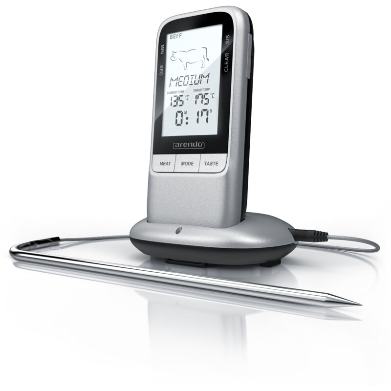 Arendo Grillthermometer digital Funk Kabellos - Fleischthermometer mit Edelstahlsonde - Kerntemperatur - Alarm - BBQ Steak Grill Meat Fleisch