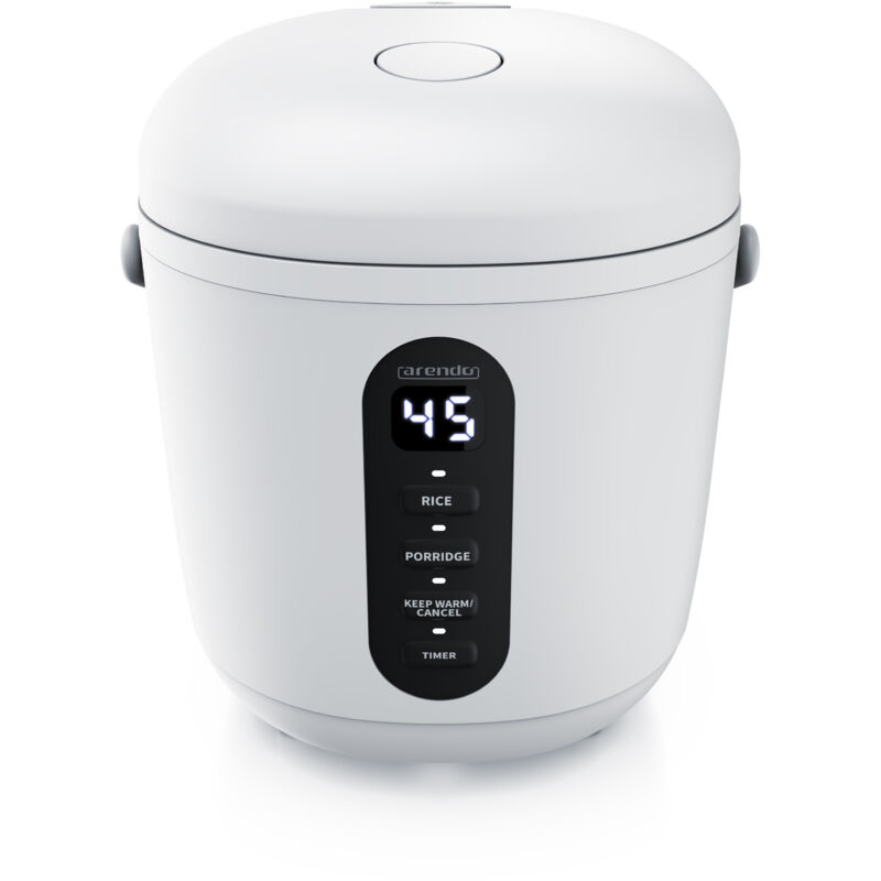 Reiskocher digital 0,8L mit Messbecher & Reislöffel, 2 Kochprogramme, Warmhaltefunktion, Timer, 300W, Weiß - Arendo