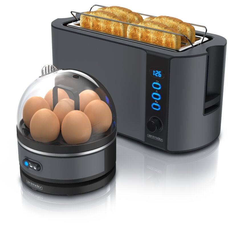 Set Toaster frukost mit Eierkocher sevencook Edelstahl Grau, Toaster 4 Scheiben, LED-Display, 6 Bräunungsgrade, Brötchenhalter - Eierkocher - Arendo