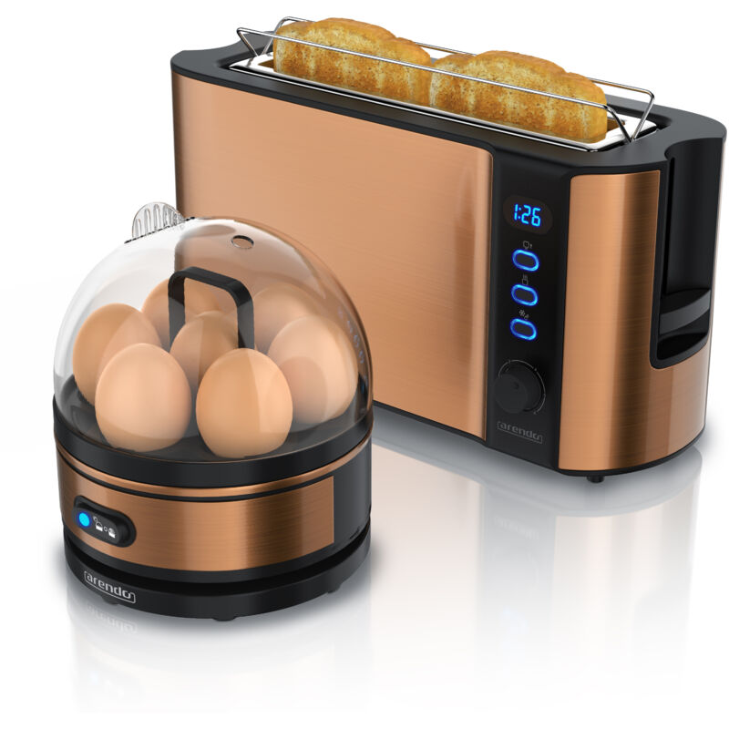 Set Toaster frukost mit Eierkocher sevencook Edelstahl Kupfer, Toaster 2 Scheiben, LED-Display, 6 Bräunungsgrade, Brötchenhalter - Eierkocher - Arendo