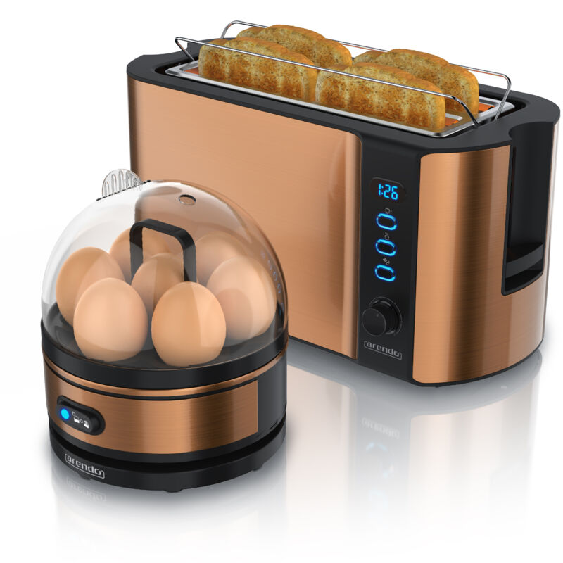 Set Toaster frukost mit Eierkocher sevencook Edelstahl Kupfer, Toaster 4 Scheiben, LED-Display, 6 Bräunungsgrade, Brötchenhalter - Eierkocher - Arendo