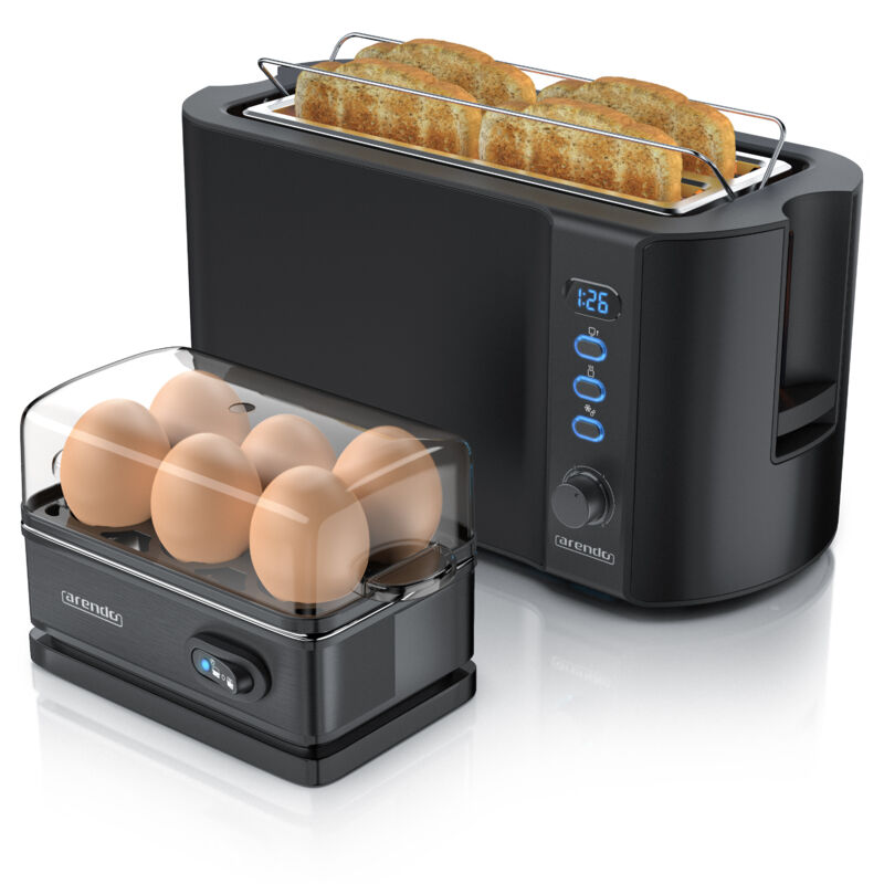 Set Toaster frukost mit Eierkocher sixcook Edelstahl Schwarz, Toaster 4 Scheiben, LED-Display, 6 Bräunungsgrade, Brötchenhalter - Eierkocher - Arendo