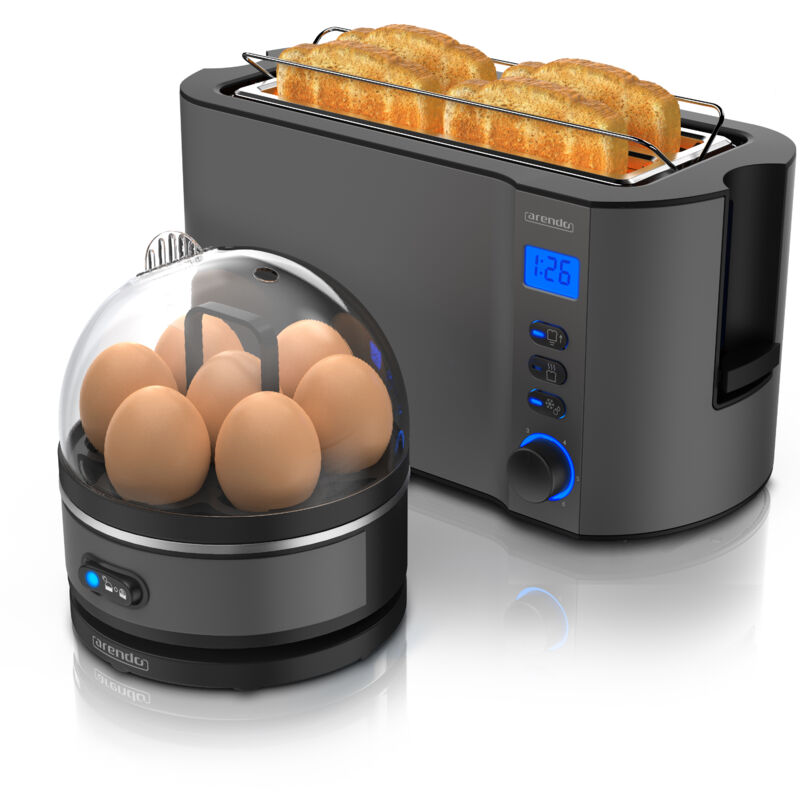 Set Toaster manha mit Eierkocher sevencook Edelstahl Grau, Toaster 4 Scheiben, LED-Display, 6 Bräunungsgrade, Brötchenhalter - Eierkocher 1-7 - Arendo