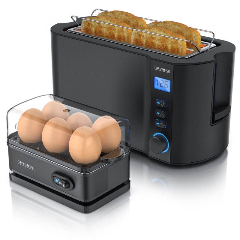 Set Toaster manha mit Eierkocher sixcook Edelstahl Schwarz, Toaster 4 Scheiben, LED-Display, 6 Bräunungsgrade, Brötchenhalter - Eierkocher - Arendo