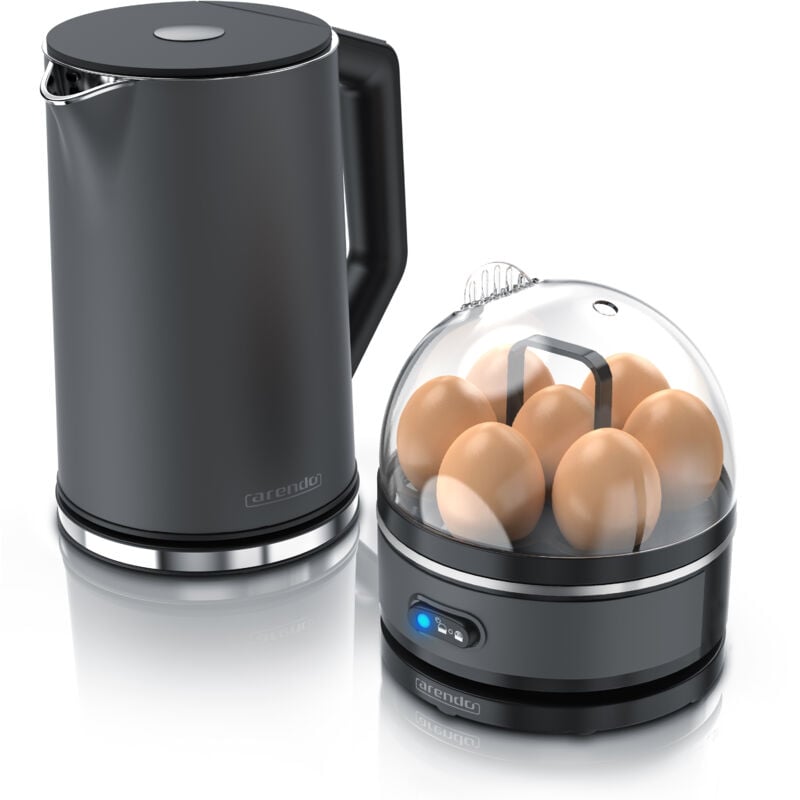 Set Wasserkocher elegant mit Eierkocher sevencook Edelstahl Grau, Wasserkocher 1,5L 40° - 100°C Warmhaltefunktion, Eierkocher 1-7 Eier - Arendo