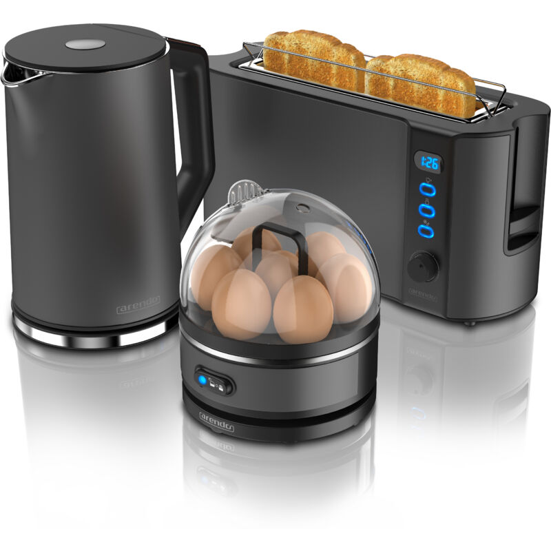 Wasserkocher mit Toaster und Eierkocher set Edelstahl Grau Wasserkocher 1,5L 40° - 100°C, Toaster 2 Scheiben LED-Display 6 Bräunungsgrade - Arendo
