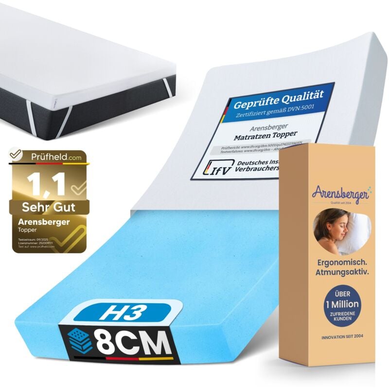 Arensberger Matratzen Topper PREMIUM, 180x200cm, Gelschaum Matratzentopper, waschbarer Bezug, geeignet für Federkern & Schaumstoff Matratzen, Höhe 8cm