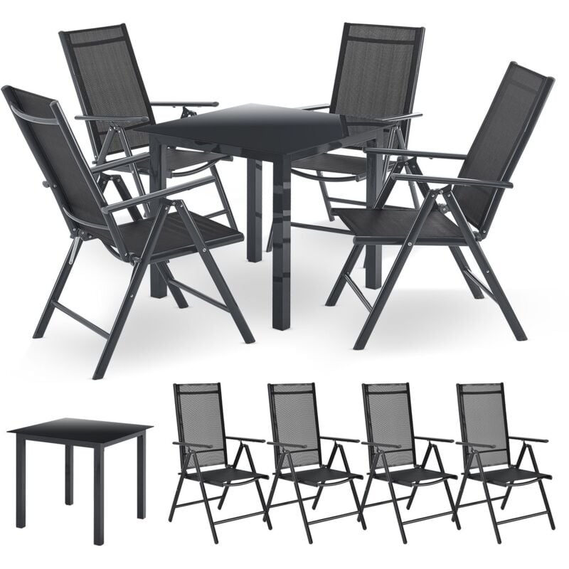 Aluminium Gartengarnitur Milano - Gartenmöbel Set mit Tisch und 4 Stühlen – Dunkel-Grau mit schwarzer Kunstfaser - Alu Sitzgruppe Balkonmöbel - Juskys