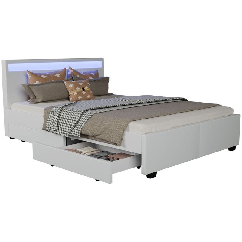 Juskys LED Polsterbett Lyon mit Bettkasten – Bettgestell aus Holz & Kunstleder mit Lattenrost – Einzelbett Jugendzimmer Möbel – 140 x 200 cm - weiß