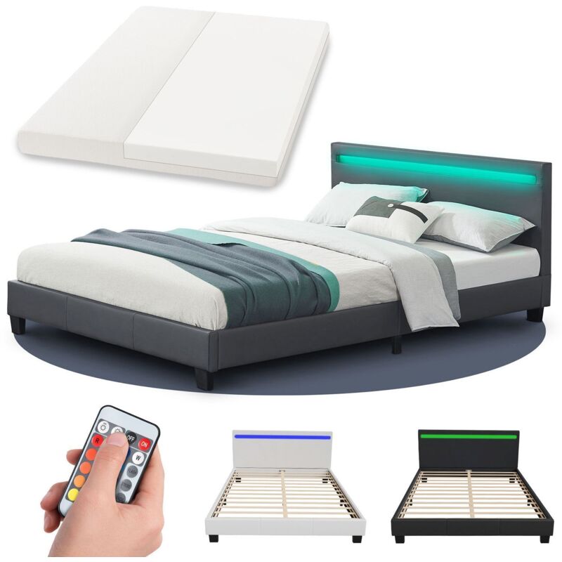 Polsterbett Paris 140 x 200 cm mit Matratze, Lattenrost, led Beleuchtung & Kopfteil - Kunstleder & Holz - Bett Bettgestell Jugendbett - grau - Juskys