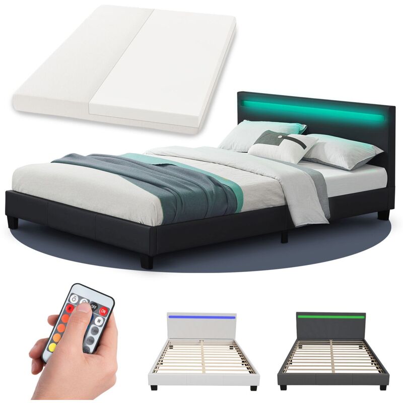 Polsterbett Paris 140 x 200 cm mit Matratze, Lattenrost, led Beleuchtung & Kopfteil - Kunstleder & Holz - Bett Bettgestell Jugendbett - schwarz