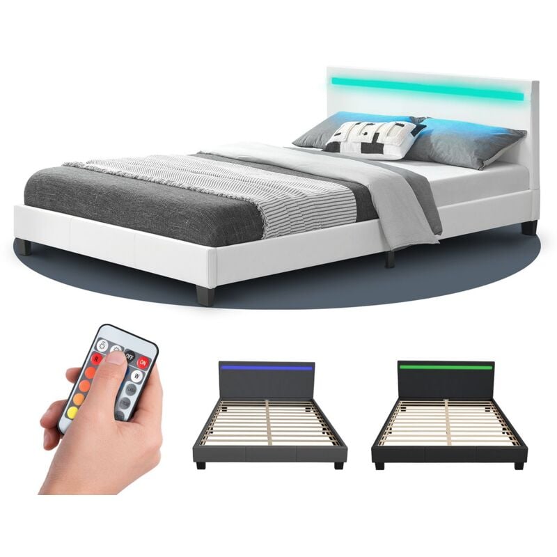 Polsterbett Paris – modernes Bettgestell mit led Beleuchtung, Lattenrost & Kopfteil – Kunstleder & Holz – Bett Einzelbett – 140×200 cm weiß - Juskys