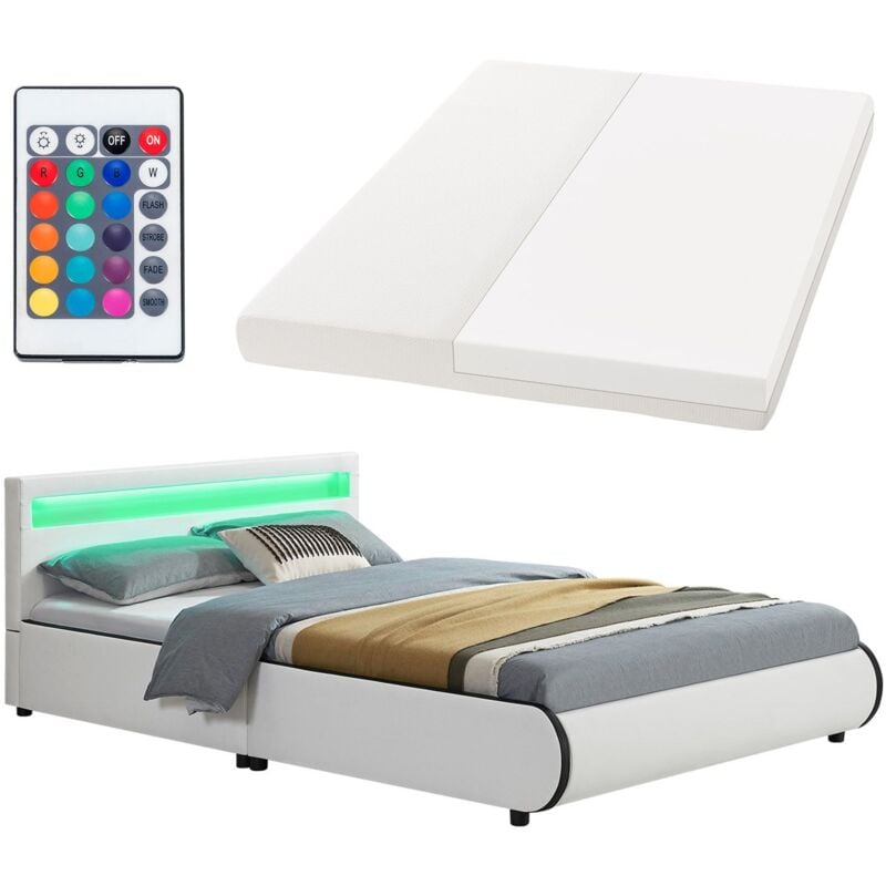 Juskys Polsterbett Sevilla 140 x 200 cm mit Matratze, Lattenrost, LED Beleuchtung & Kopfteil - Kunstleder & Holz - Bett Bettgestell Jugendbett weiß