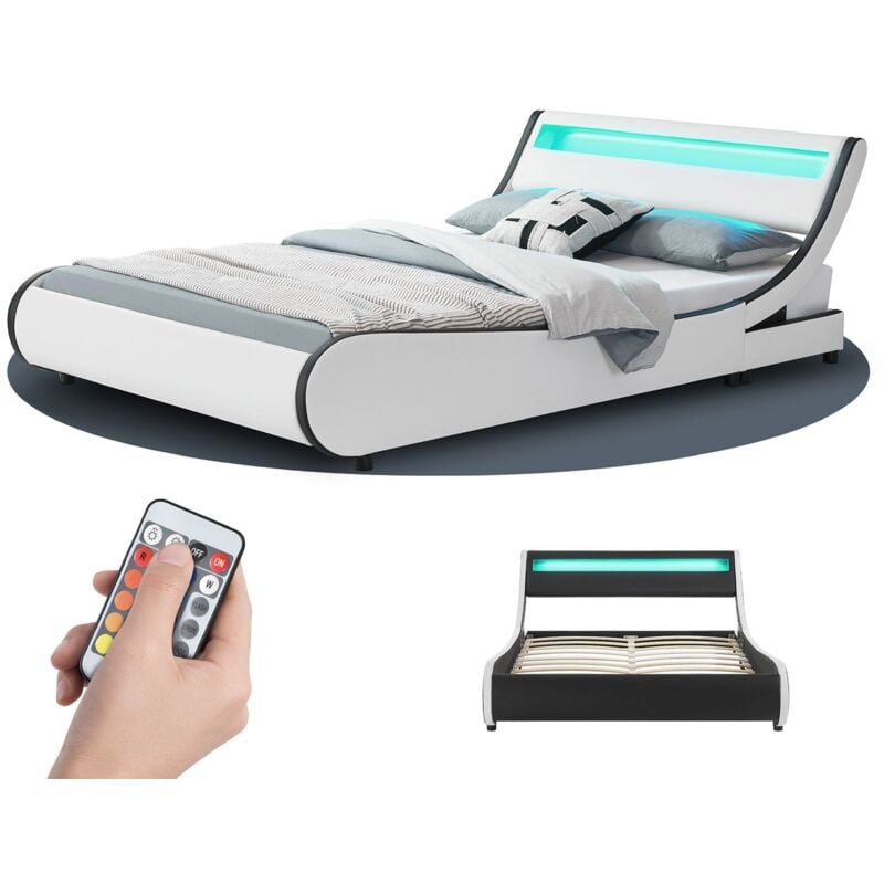 Polsterbett Valencia – Bettgestell mit Lattenrost & led Beleuchtung im Kopfteil – Bett aus Kunstleder & Holz – Jugendbett 140 x 200 cm, weiß - Juskys