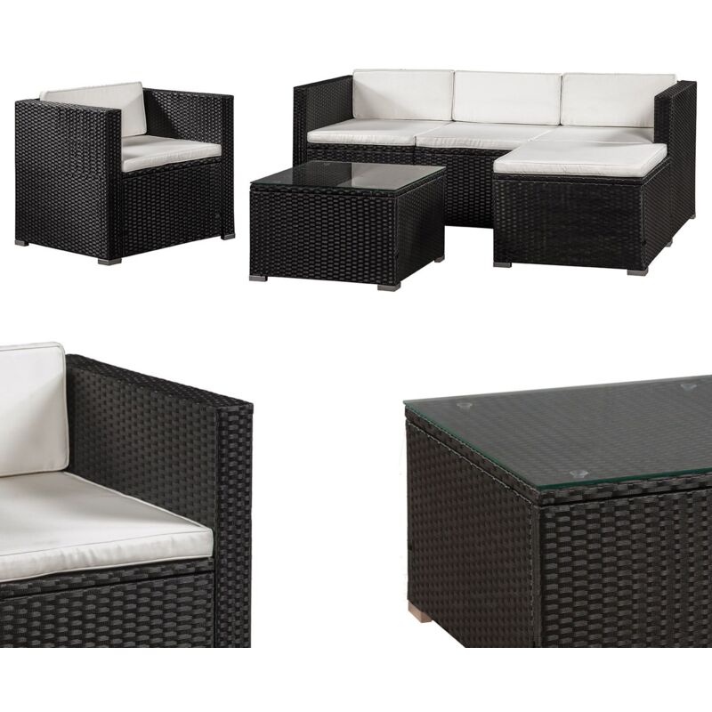 Juskys Polyrattan Lounge Punta Cana L – Sitzgruppe für 4-5 Personen – Schwarz / Creme – Gartenmöbel Set / Gartenlounge mit Sofa, Sessel, Tisch &