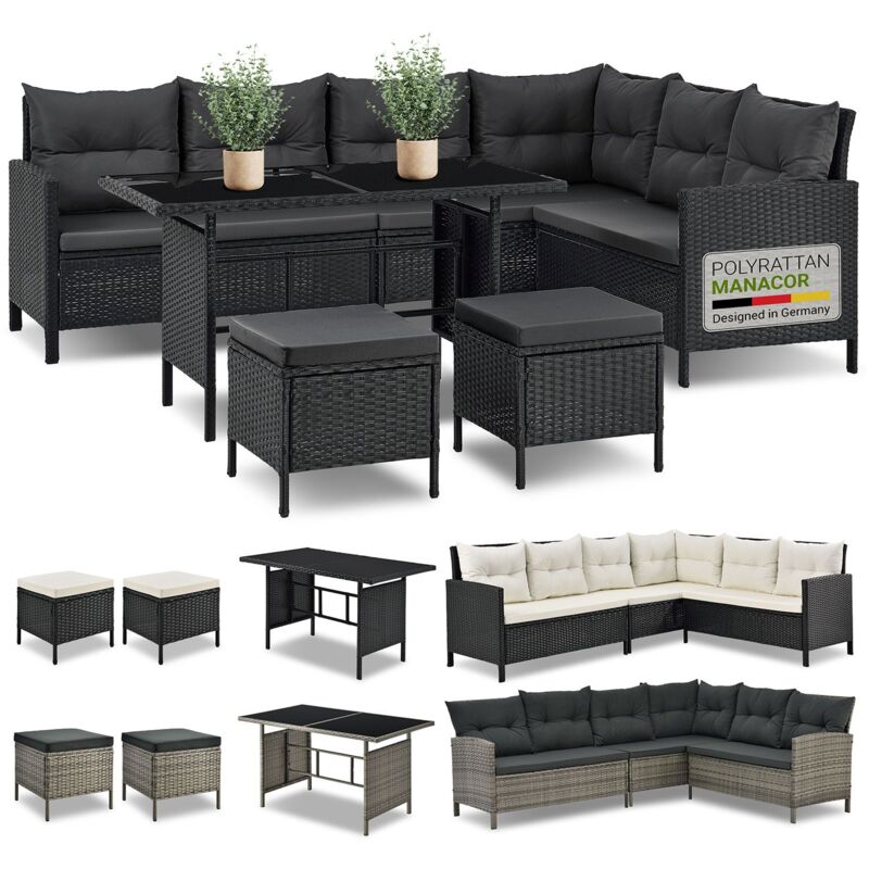 Polyrattan Lounge Manacor – Gartenlounge mit Sofa, Tisch, 2 Hocker & Kissen – Gartenmöbel Set bis 7 Personen – Schwarz, Sitzbezüge in Grau - Juskys