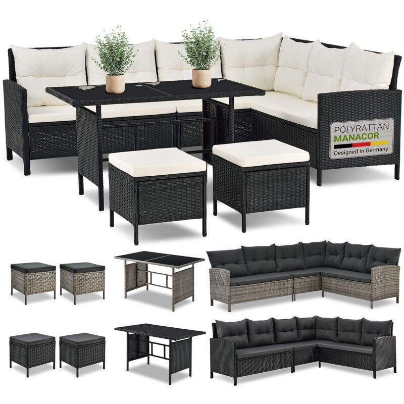 Polyrattan Lounge Manacor – Gartenlounge mit Sofa, Tisch, 2 Hocker & Kissen – Gartenmöbel Set bis 7 Personen – Schwarz, Sitzbezüge in Creme - Juskys