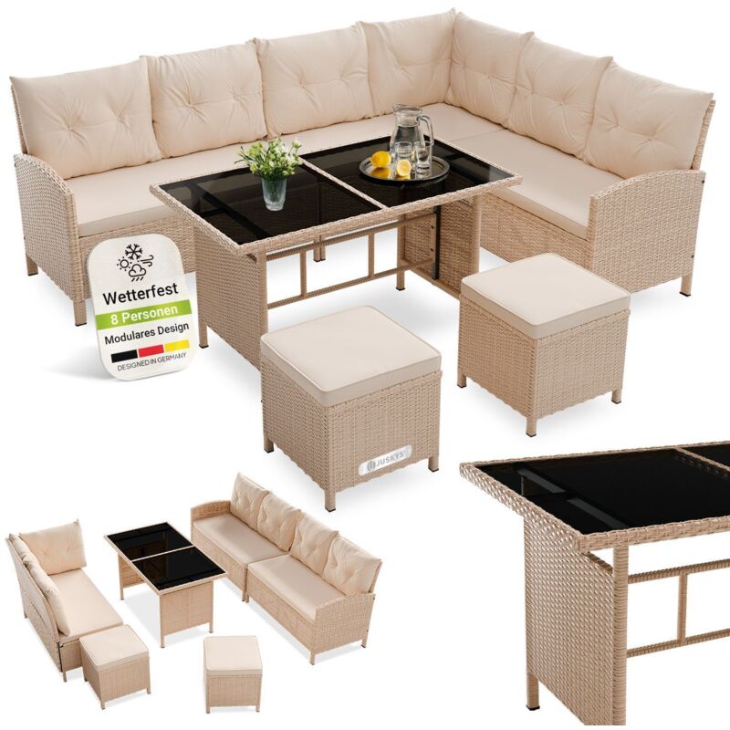 Juskys Polyrattan Lounge Manacor – Gartenlounge mit Sofa, Tisch, 2 Hocker & Kissen – Gartenmöbel Set bis 8 Personen – Creme, Sitzbezüge in Sand