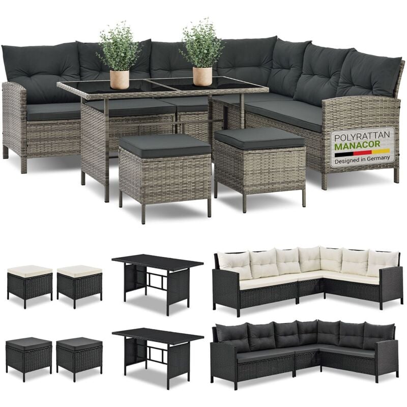 Polyrattan Lounge Manacor – Gartenlounge mit Sofa, Tisch, 2 Hocker & Kissen – Gartenmöbel Set bis 7 Personen – Grau-meliert, Sitzbezüge in Grau