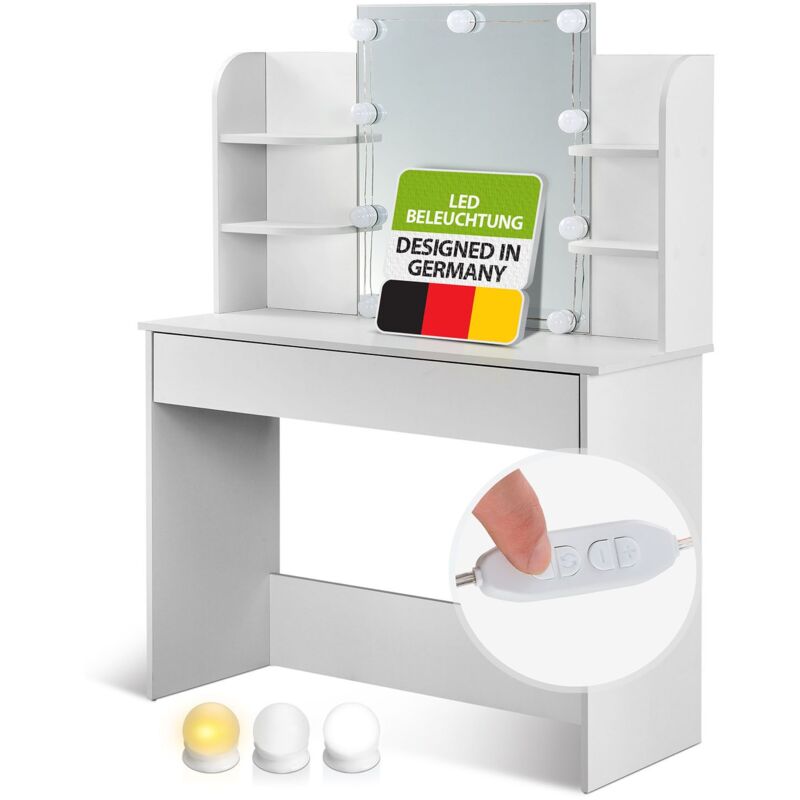 Schminktisch Bella mit led Beleuchtung, Spiegel, Schublade & 4 Ablagefächern - 108 x 40 x 140 cm - Holz - Weiß - Kosmetiktisch Frisiertisch - Juskys