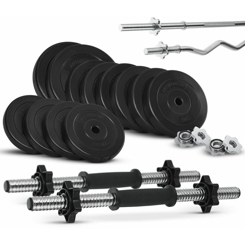 Artsport - 3in1 Hantelset mit 2 Kurzhanteln, 1 Langhantel & 1 sz Curlhantel – 12 Gewichte mit 60kg und Sternverschlüssen – Hantel Set Krafttraining