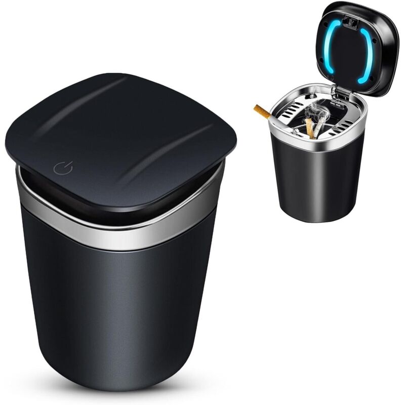 aschenbecher auto, auto aschenbecher mit deckel, Rauchfreier Aschenbecher aus Edelstahl mit LED-Licht, abnehmbarer tragbarer auto aschenbecher für