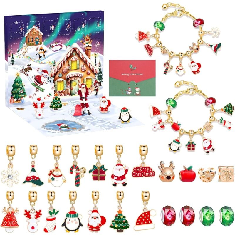 Adventskalender 2024 für Mädchen, Weihnachts-Adventskalender für Mädchen von 5–12 Jahren, goldfarbene Adventskalenderfüllung, Armbänder und Anhänger