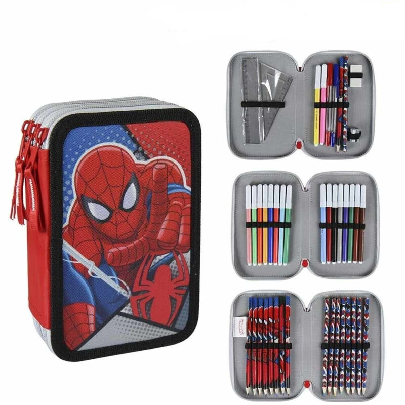 Trade Shop Traesio - Trade Shop - spiderman 3 reissverschluss dreifache federmäppchen komplett mit zubehör kinder schule -