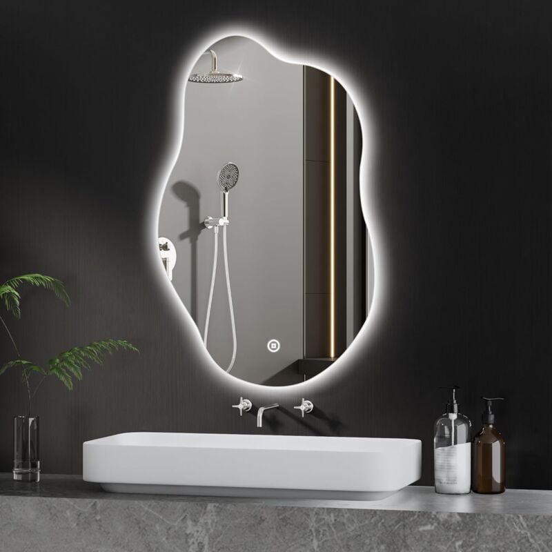 Asymmetrischer led Badspiegel 52 x 85 cm led Badspiegel mit Beleuchtung Spiegel mit Beleuchtung mit Touchschalter und Dimmbar 3 Lichtfarbe Warmweiß