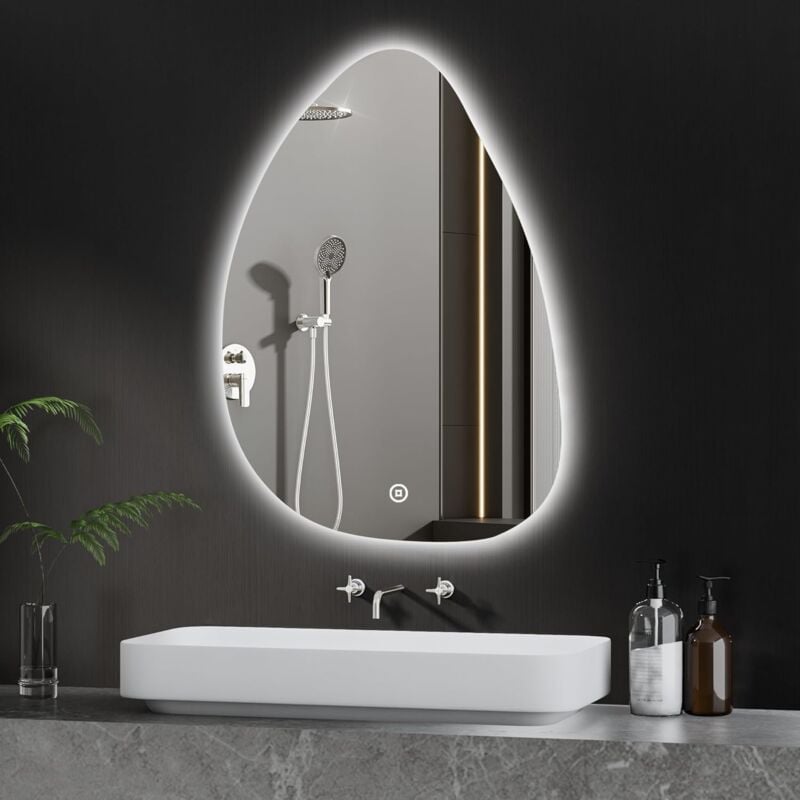 Asymmetrischer led Badspiegel 55 x 80 cm led Badspiegel mit Beleuchtung Spiegel mit Beleuchtung mit Touchschalter und Dimmbar 3 Lichtfarbe Warmweiß