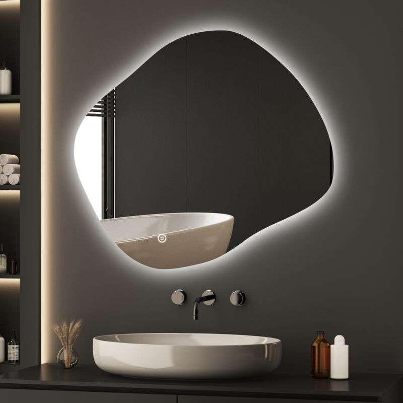 Asymmetrischer LED Badspiegel mit Beleuchtung 74 x 64 cm 3 Lichtfarbe Einstellbare Spiegel Bad mit Beleuchtung LED Spiegel mit Licht mit