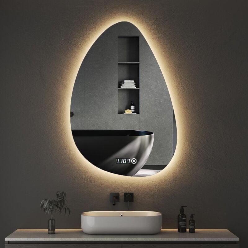 Asymmetrischer Spiegel mit Beleuchtung 55 x 80 cm led Badspiegel mit Beleuchtung Bad Spiegel mit Licht led Spiegel mit Uhr, Touch-Schalter, Dimmbar 3