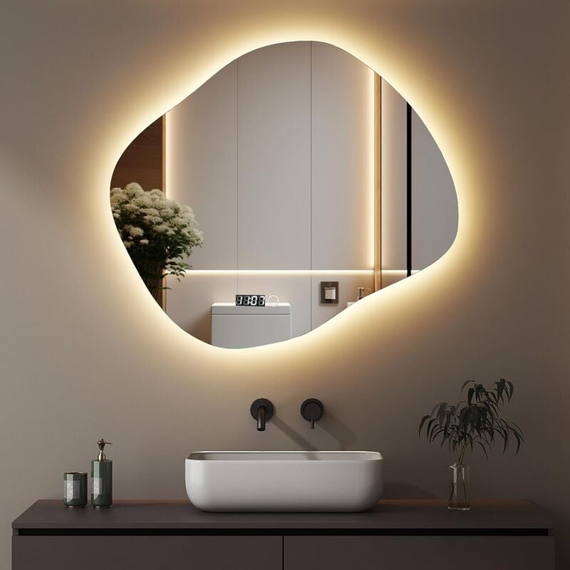 Asymmetrischer Spiegel mit Beleuchtung 64 x 74 cm LED Badspiegel mit Beleuchtung Bad Spiegel mit Licht LED Spiegel mit Uhr, Touch-Schalter, Dimmbar 3