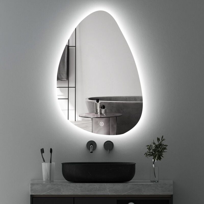Asymmetrischer Spiegel mit Beleuchtung 55x80cm led Badspiegel mit Beleuchtung Spiegel mit Licht led Spiegel mit Touch-Schalter, Dimmbar 3 Lichtfarbe