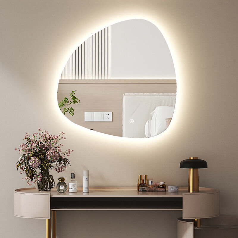 Asymmetrischer Spiegel mit led Beleuchtung, Asymmetrischer Spiegel Badspiegel mit Beleuchtung 80x80cm Badezimmerspiegel mit Touch-Schalter, Dimmbar,