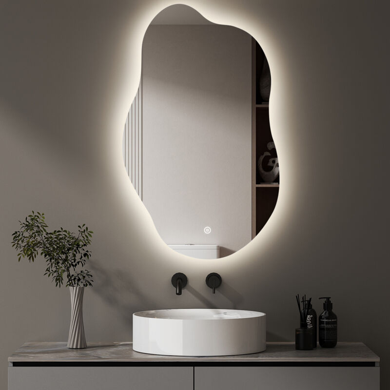 Asymmetrischer Spiegel mit LED Beleuchtung, Asymmetrischer Spiegel Badspiegel mit Beleuchtung 62x90cm Badezimmerspiegel mit Touch-Schalter, Dimmbar,