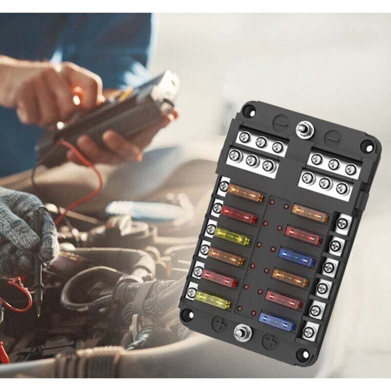 ATC/ATO-Flachsicherungsblöcke, Kfz-Sicherungshalter, 12-poliger Kfz-Sicherungskasten mit Minuspolanzeige für Pkw, Boot, Transporter und SUV