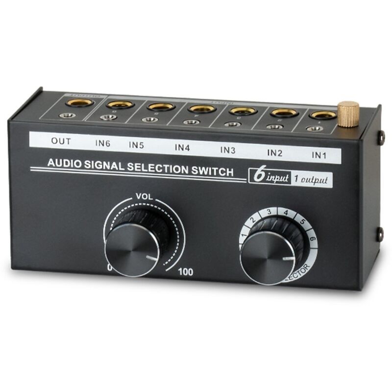Audio-Umschalter - 6-Wege-Stereo-Audio-Umschalter 3,5/6,35 mm - Signalquellen-Umschalter-Auswahl-Splitterbox mit Leitungsregler