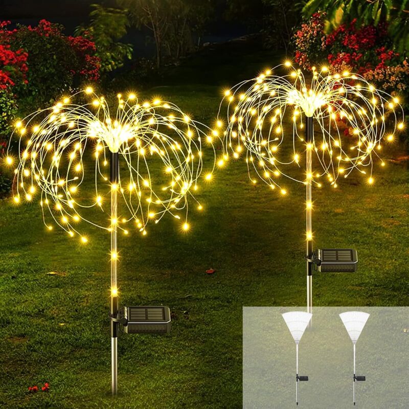 Außen-Solarlampe, 2 Stück LED-Lichter Feuerwerk Solar, Außenbeleuchtung Gartendekoration für Balkon Weihnachten Dekor, Garten Terrasse Rasen