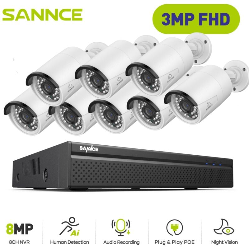 Außenbereich Überwachungskamera Set,8CH nvr mit 3MP 8 ip PoE Sicherheitskamera,Nachtsicht Überwachungskamera - Sannce