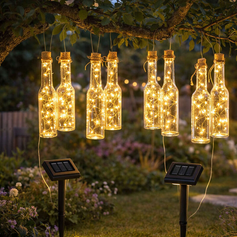 Außenlampe Lichterkette Garten Solarlampe 4-flammig, LED Terrassenleuchte Glas Flaschen klar Gartendeko, 12x LED warmweiß, LxBxH 4,8x4,8x14,5 cm, 2er