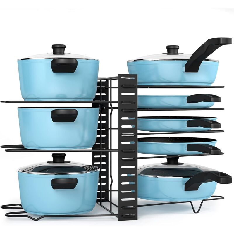 Aufbewahrung für Kochtöpfe und Pfannen mit 8 verstellbaren Fächern, mit Deckel, für den Küchenschrank, zur Aufbewahrung von Küchentellern und als