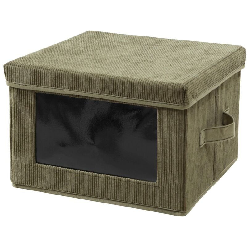 Calicosy - Aufbewahrungsbox aus Kordstoff in Khaki mit transparentem Fenster - L40 cm