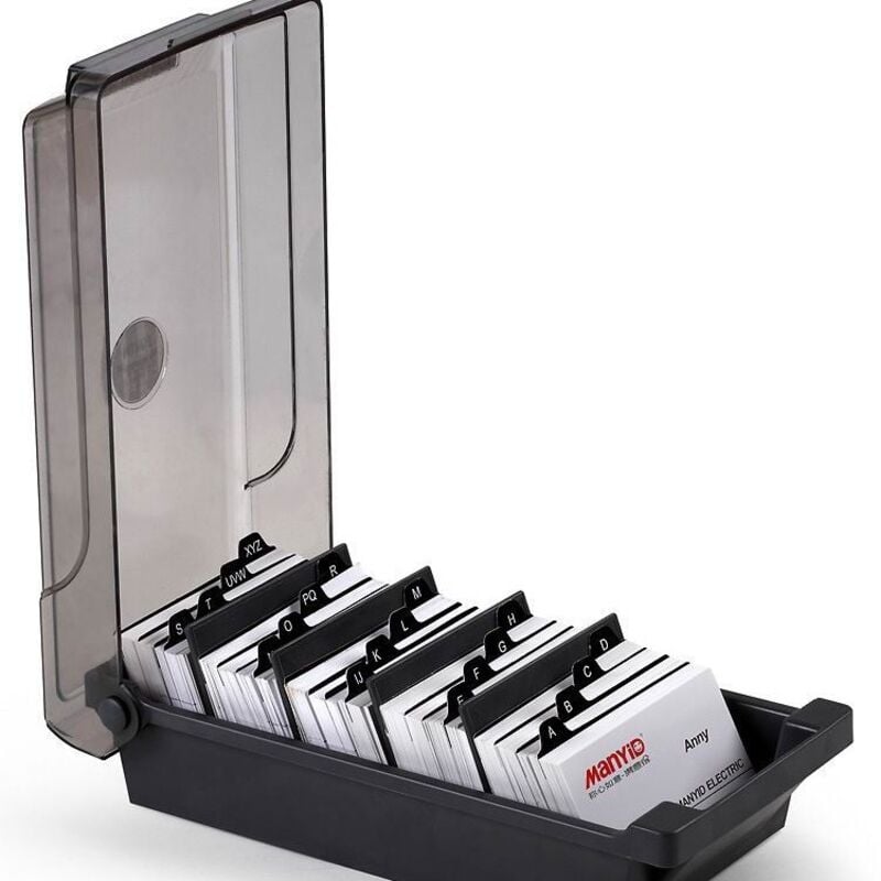 Aufbewahrungsbox für Visitenkarten für den Schreibtisch mit Trennwand und Indexetikett (schwarz)