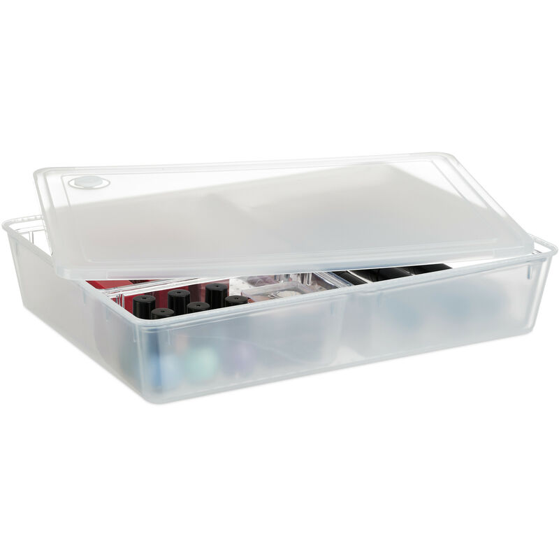 Relaxdays - Aufbewahrungsbox mit Deckel, hbt 7 x 32 x 24,5 cm, 3 Fächer, Organizer Büro, Kosmetik, Kunststoff, transparent