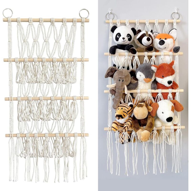 Aufbewahrungsnetz für Kuscheltiere, 3-stöckige Hängematte mit 2 Klebehaken, für Kinderzimmer, Wohnzimmer, Schlafzimmer
