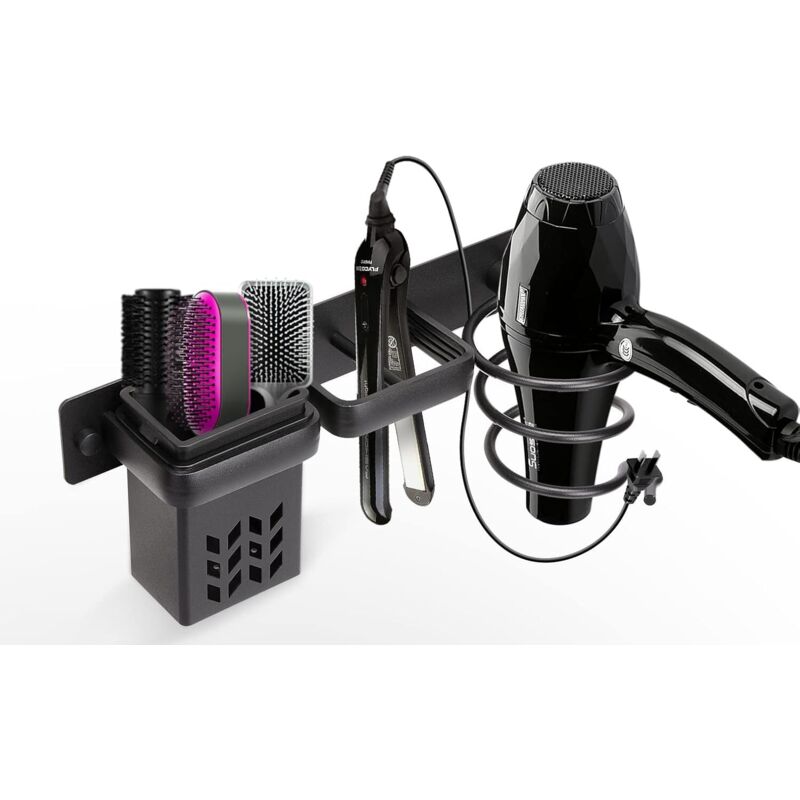 Aufbewahrungsset für Haartrockner und professionelle Wandhalterung aus Aluminium für Haarglätter, Ablage – Schwarz