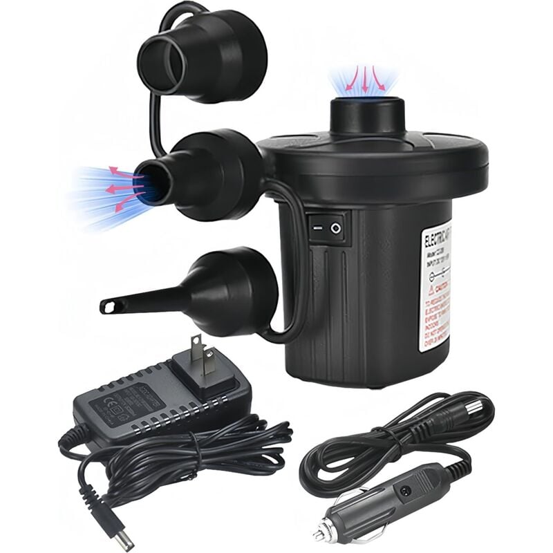 Aufblasbare elektrische Luftpumpe, 110 V AC/12 V DC, tragbare, schnelle aufblasbare Pumpe mit 3 Düsen für Schlauchboote usw.