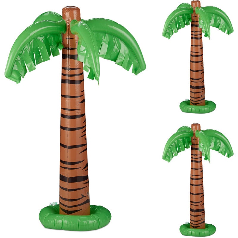 Aufblasbare Palme, 3er Set, Partydeko, Pool & Strand, Hawaiipalme groß, 80 cm hoch, Plastikpalme, grün-braun - Relaxdays