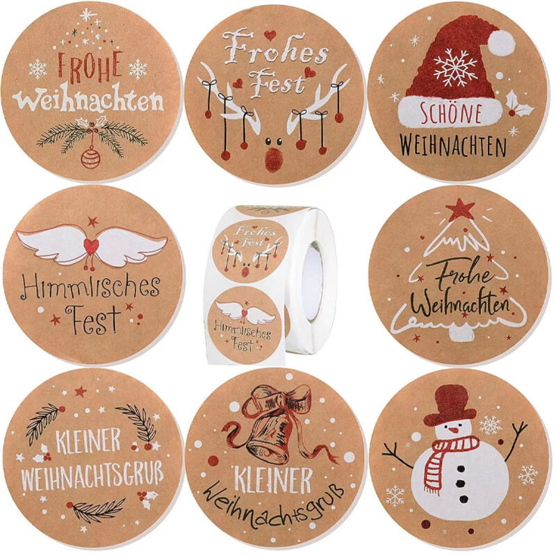 Aufkleber Weihnachten 500 St., Frohe Weihnachten Geschenk-Etiketten in Kraftpapier-Optik, 38mm Rund Deko-Sticker